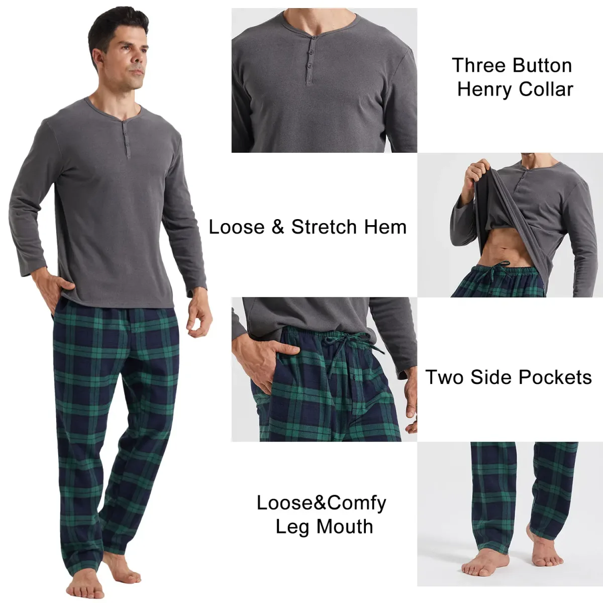 Pyjama homme à carreaux, col Henley, manches longues