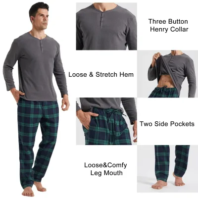 Pyjama homme à carreaux, col Henley, manches longues