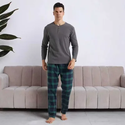 Pyjama homme à carreaux, col Henley, manches longues – image 2